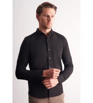 Siyah Uzun Kol Düğmeli Yaka Kendinden Desenli Pamuklu Slim Fit Gömlek 1004255267