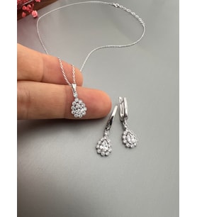 Zirkon Taşlı Gümüş Damla Kolye Küpe Seti