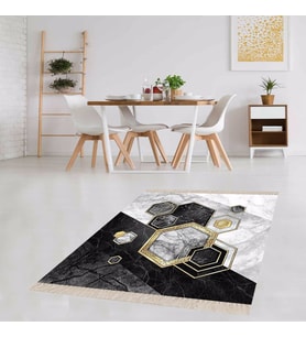 Balpeteği Geometrik Desenli Etnik Dijital Baskı Yıkanabilir Kaymaz Taban Salon Halı ve Yollu (Siyah)