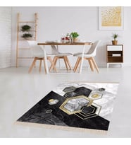 Balpeteği Geometrik Desenli Etnik Dijital Baskı Yıkanabilir Kaymaz Taban Salon Halı ve Yollu (Siyah)