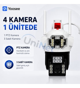 Uninet 8mp 4 Kameralı Wifi Ptz Döner Başlıklı Güvenlik Kamerası – 3 Sabit + 1 Hareketli, Polis Çakarı, ve Gece Görüşü