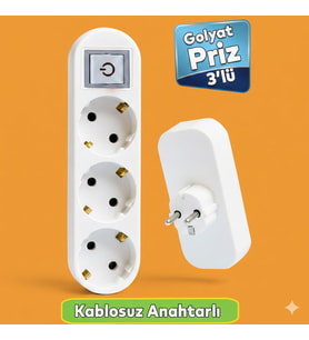 BEYAZ 3'lü Grup Priz Golyat Anahtarlı Düğmeli Fiş Priz Topraklı Çoklu Çoğaltıcı Kablosuz Üçlü Piriz