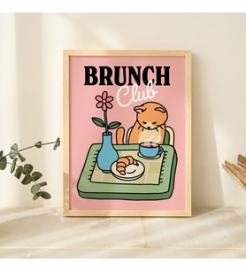 Retro Kedi Mutfak Baskısı, Brunch Club Cafe Posteri, Pembe Kedi İllüstrasyonu, Sevimli Yemek Odası Baskıları