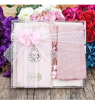 Hediyelik Kadife Kaplı Yasin Kitabı, Seccade, Şal, İnci Tesbih, Asetat Kutulu (26×23) Set-Pembe
