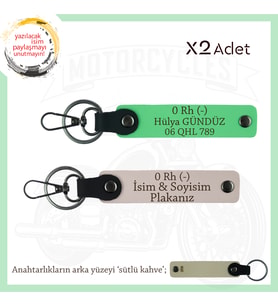 Hız Severlere Özel, İsim Plaka ve 0 Rh (-) Kan Grubu Yazılı Deri x2' li Anahtarlık, Pudra-F Yeşil-SK