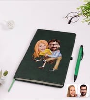 BK Gift Kişiye Özel Sevgililer Karikatürlü Yeşil Termo Deri Defter Kalem Seti Model 102