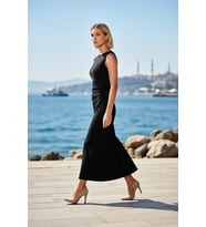 Kadın Kolsuz Bisiklet Yaka A-Line Midi Elbise Büzgülü Detaylı Astarlı Rahat Kesim Günlük Modern