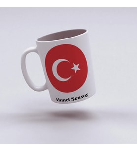 Türk Bayrağı İsimli Kupa Bardak, Türk Bayrağı Özel Bayraklı Kupa Hediyesi, 330ml, Beyaz
