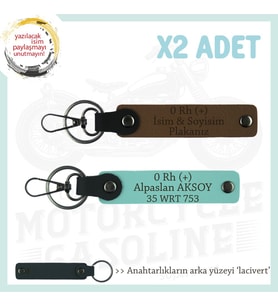 Motorcular İçin, İsim Plaka ve 0 Rh (+) Kan Grubu Yazılı Kişisel x2 Anahtarlık, Kahve-Turkuaz-Laci (Çok Renkli)