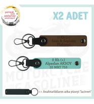 Motorcular İçin, İsim Plaka ve 0 Rh (+) Kan Grubu Yazılı Kişisel x2 Anahtarlık, Kahve-Turkuaz-Laci (Çok Renkli)