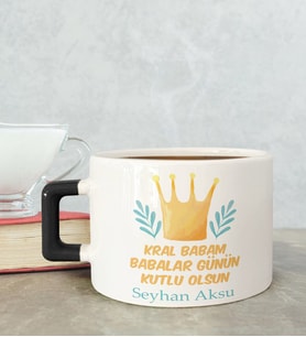 BK Gift Kişiye Özel Babalar Günü Tasarımlı Siyah Kulplu Çay & Kahve Fincanı-6, Babaya Hediye, Babalar Günü Hediyesi