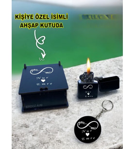 Kişiye Özel Isimli Sevgililer Günü Siyah Benzinli Çakmak Ve Anahtarlık Özel Ahşap Kutusunda