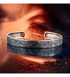 925 Ayar Gümüş Kalem İşlemeli Osmanlı El Yapımı Açık Cuff Erkek Bileklik