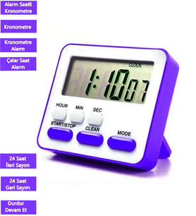 JS-303 Kronometreli Ders Çalışma Saati 24 Saat Geri Sayım Cihazı Alarmlı Çalar Saat Mıknatıslı MOR-BEYAZ