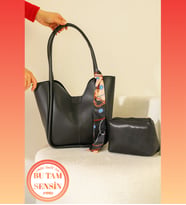 Siyah Kadın Yavrulu Makyaj Çantalı Fularlı Çıtçıtlı Çift Tutma Saplı Tote Bag Taşıma Çantası (Siyah)