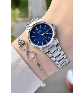 Casio CSISTE63 Kadranı Lacivert Kordonu Gümüş Renk Hediye Paketli Kadın Kol Saati ve Bileklik