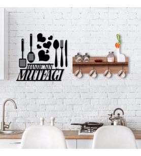 BK Home Doğal Ahşap Raflı Dekoratif Fincan Askılığı ve İsme Özel Mutfak Duvar Süsü-10 (Siyah)