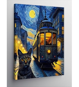 Kanvas Tablo Gece Tramvayı Ve Kedi