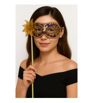 Mey İthalat® Lüks Taşlı Saplı Maskeli Balo Maskesi Mor Renk 35 cm