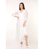 Neşeli Butik Kadın Kruvaze Yaka Bağlama Detaylı Yeni Sezon Uzun Şifon Elbise KTS003 (Beyaz)