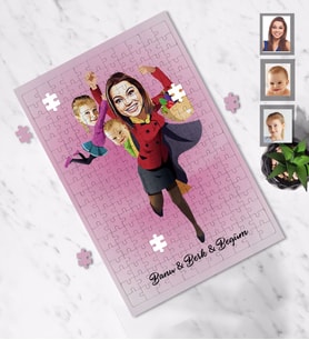 Kişiye Özel Anneler Günü Anne Erkek Kız Kardeş Karikatürlü A4 99 Parça Puzzle Model-3
