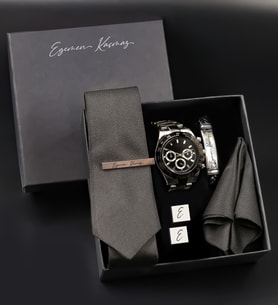 Babalar Gününe Özel Kişiye Özel Kutuda Metal Kol Düğmesi& Metal Erkek Bileklik& Metal Kravat İğnesi& Siyah Kravat&  Siyah Renk Detaylı Metal Rolex Model Erkek Kol Saati Hediye Seti