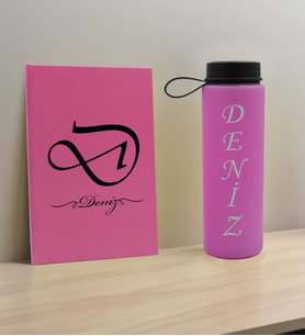 BK Gift Kişiye Özel İsimli Pembe Defter ve Cam Matara Hediye Seti-2, Sevgiliye Hediye, Arkadaşa Hediye, Yeni İş Hediyesi