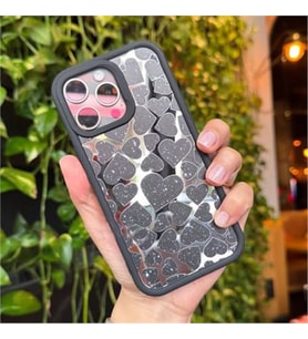 Coverzone iPhone 15 Pro K?l?f ile uyumlu I??lt?l? Kalpli K?l?f? Aynal?Arka Kapak Simli Kalpli Desen Yumu?ak Kenar Koruma Heart ??k ve Parlak Tasar?m Black