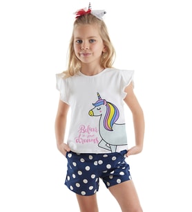 Sim Unicorn Kız Çocuk T-Shirt Poplin Şort Takım (Lacivert-Beyaz)