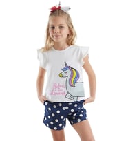Sim Unicorn Kız Çocuk T-Shirt Poplin Şort Takım (Lacivert-Beyaz)