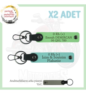 Biker Stiline Özel, İsim Plaka ve 0 Rh (+) Kan Grubu Yazılı Deri x2 Anahtarlık, Turkuaz-F Yeşil-Gr (Çok Renkli)