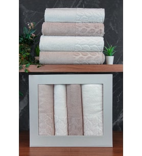 Hazal %100 Pamuklu Kutulu 4'lü Banyo Havlu Seti Hamam Takımı 50x90 - 90x150 Bej-Krem - 00081 (Karışık)