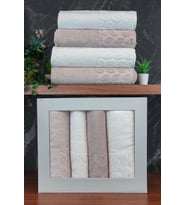 Hazal %100 Pamuklu Kutulu 4'lü Banyo Havlu Seti Hamam Takımı 50x90 - 90x150 Bej-Krem - 00081 (Karışık)