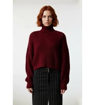 Şık Kadın Oversize Düz Bordo Balıkçı Yaka Crop Kesim %100 Akrilik Kışlık Triko Kazak Kaliteli