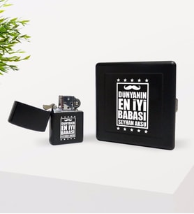 BK Gift Kişiye Özel Dünyanın En İyi Babası Tasarımlı Siyah Metal Sigara Tabakası ve Benzinli Çakmak Seti-1