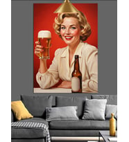 Retro Kadın Bira İçiyor Dekoratif Kanvas - Mdf Ahşap Tablo