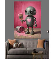 Pembe Robot Sevimli Çizim Dekoratif Kanvas - Mdf Ahşap Tablo