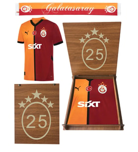 Galatasaray Orijinal 2024/2025 5 Yıldız İç Saha Parçalı Forma Atkı ve Hediyelik Ahşap Kutulu (Sarı-Kırmızı)