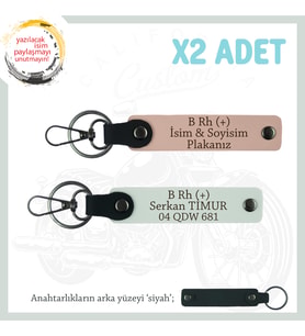 Motosiklet Sevene, İsim Plaka ve B Rh (+) Kan Grubu Yazılı Deri 2'li Anahtarlık, Yavruağzı-Beyaz-Syh