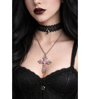 Pembe Detaylı Gotik Haç Kolye Gümüş Renk Zincir Unisex