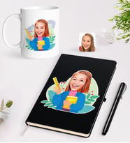 BK Gift Kişiye Özel Öğretmen Karikatürlü Siyah Defter Kalem Kupa Seti - 6