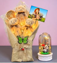 Size Özel Fotoğraflı Led Işıklı Peluş Ayıcık Buketi ve Led Işıklı Biblolu Fanus (Model 8)
