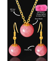 Sertifikalı Gold Küre Model Rose Kuvars Taşı Kolye ve Küpe Seti - Gümüş Aparatlı