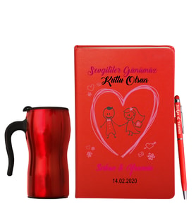 Sevgililer Gününe Özel Deri Kırmızı Defter Kalem & Termos Mug Hediye Seti 24