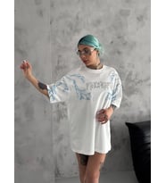 Kadın Tişort Bisiklet Yaka Yıldırım Şimşek Baskılı Kısa kol T-Shirt - Beyaz