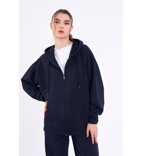 Lacivert Kanguru Cepli Kapüşonlu Fermuarlı Oversize Kadın Sweatshirt CMRB73