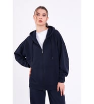 Lacivert Kanguru Cepli Kapüşonlu Fermuarlı Oversize Kadın Sweatshirt CMRB73