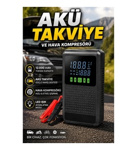 12.000 mAh Dijital Hava Kompresörlü Araç Akü Takviye Cihazı LED Işıklı Powerbank