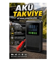 12.000 mAh Dijital Hava Kompresörlü Araç Akü Takviye Cihazı LED Işıklı Powerbank