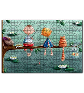 Cakapuzzle Dalda Balık Tutan Çocuklar ve Kedi İllüstrasyon  Puzzle Yapboz MDF (Ahşap) (120 Parça)